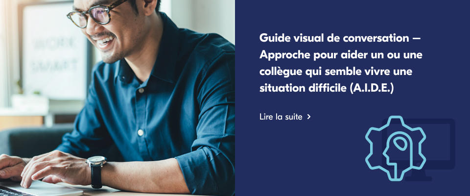 Une image montrant un homme travaillant sur son ordinateur portable et la lecture de texte: "Guide visuel de conversation."